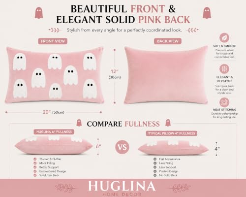 Halloween Pink Velvet Lumbar Throw Pillow with Ghost Embroidery 12x20"