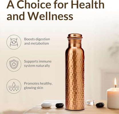 Pure Copper Water Bottle 34oz - Handmade Hammered Design, Leak-Proof, 1000ml