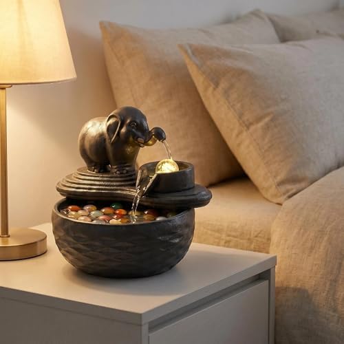 Ceramic Elephant Water Fountain with LED Light and Crystal Accents - Small Indoor Decor