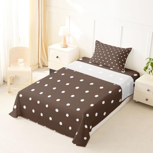 Brown Polka Dot Bed Sheets Set Twin Size Kids Bed Linen with Fitted, Flat & Pillow Sham