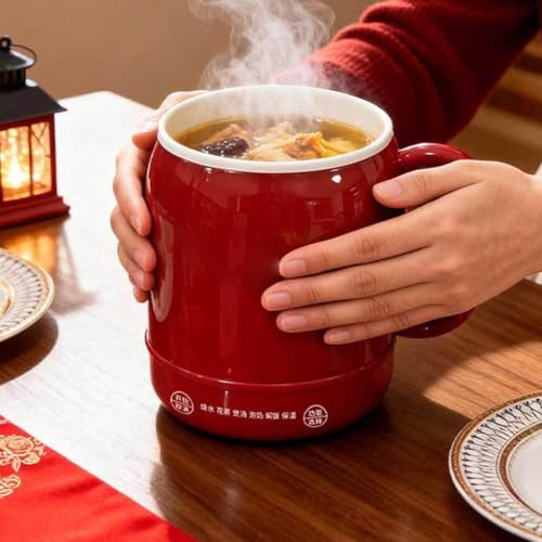 800ml Electric Stewing Cup - Red, 6-in-1 Personal Soup Cooker with Touch Control
