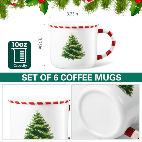 Vesici 6 Pack Christmas Mugs with Candy Cane Handle and Christmas Tree Pattern - 10 oz