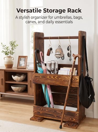 Vintage Charred Pine Wooden Umbrella Stand with 5 Hooks & Drip Tray - Entryway Organizer