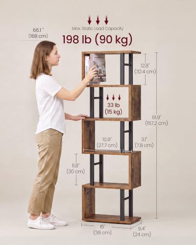 VASAGLE Rustic Brown 6-Tier S-Shaped Tall Book Shelf - 15" Wide Book Organizer