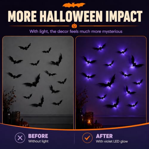 Spooky Glow 3D LED Bat Wall Decor Set - 12 Reusable Hanging Halloween Bats
