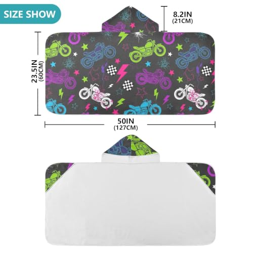 Kids Hooded Beach Towel Poncho with Neon Motorcycle Design - Soft & Absorbent