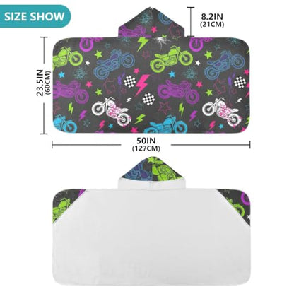 Kids Hooded Beach Towel Poncho with Neon Motorcycle Design - Soft & Absorbent