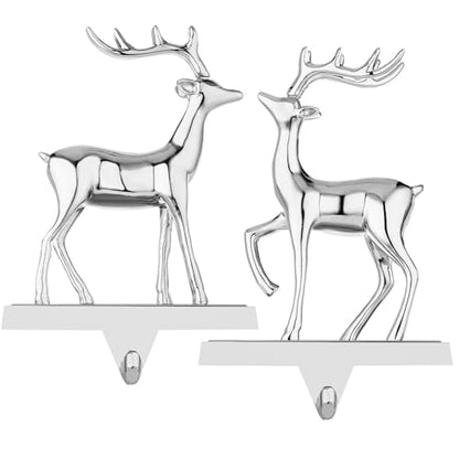 Reindeer Stocking Hangers Set of 2 - Metal Silver Christmas Mantel Hooks