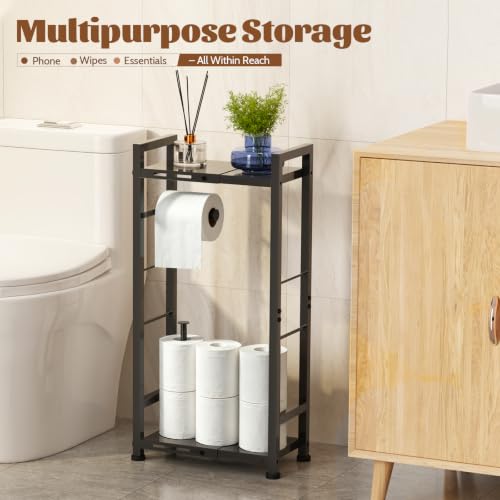 2-Tier Freestanding Toilet Paper Holder Stand with Shelf, Expandable Width 8.7-13in, Slim Floor Dispenser for Bathroom, Small Space, Black