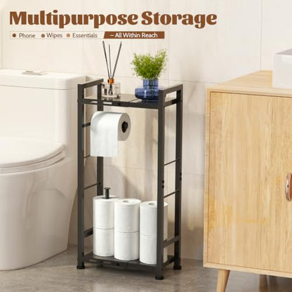 2-Tier Freestanding Toilet Paper Holder Stand with Shelf, Expandable Width 8.7-13in, Slim Floor Dispenser for Bathroom, Small Space, Black