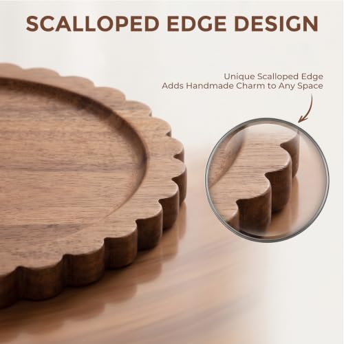 Solid Acacia Wood Decorative Tray - 12 Inch Round Scalloped Centerpiece
