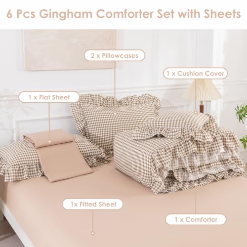 Gingham Twin Comforter Set with Sheets for Girls - 6 Pieces, Tan Ruffle Bedding