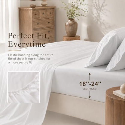 Queen Egyptian Cotton Bed Sheets with 16-Inch Deep Pockets, White - Luxury Bedding Set