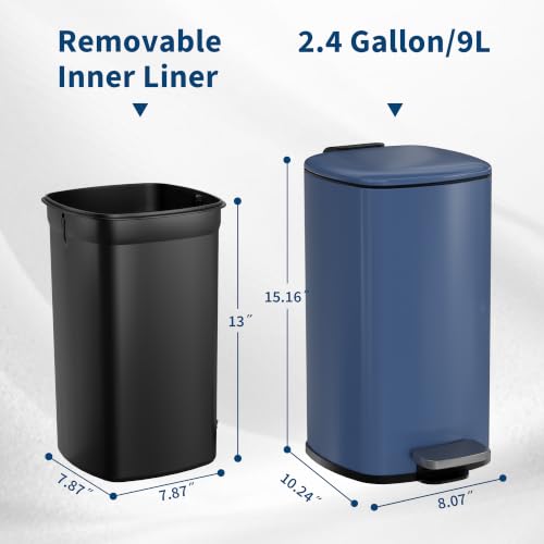Garvee 2.4 Gallon Slim Bathroom Trash Can with Lid - Navy Blue