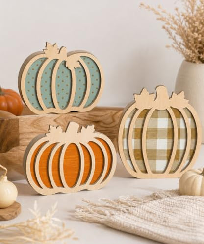 Putuo Decor 3pcs Fall Pumpkin Table Decorations - Orange Blue Plaid Variation