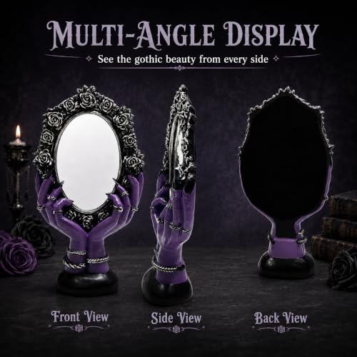 Purple Gothic Vanity Mirror with Witchy Hands and Black Rose Frame - Spooky Home Decor