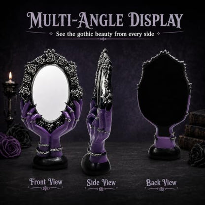Purple Gothic Vanity Mirror with Witchy Hands and Black Rose Frame - Spooky Home Decor