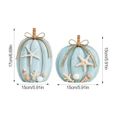 2-Pack Coastal Wooden Pumpkin Decor with Starfish & Shell Accents, 6.69 & 5.91 Inches