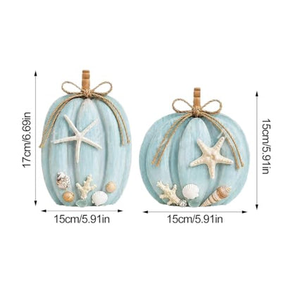 2-Pack Coastal Wooden Pumpkin Decor with Starfish & Shell Accents, 6.69 & 5.91 Inches
