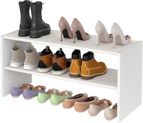 2-Tier Small Shoe Rack Organizer - White, 28.5 Inch, Holds 9-12 Pairs - Stackable Closet Storage