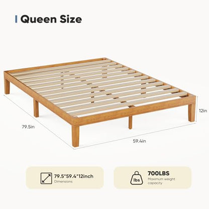 12in Queen Solid Wood Platform Bed Frame with Slat Support - No Box Spring Needed