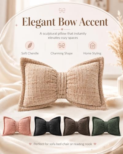 Green Bow-Shaped Chenille Throw Pillow - Girls Bedroom Decor, Insert Included