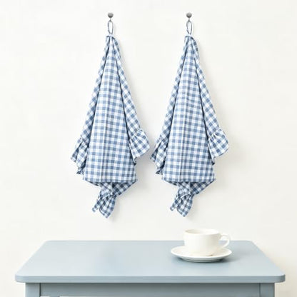 Gingham Kitchen Towels 2-Pack Cotton Ruffled Dish Towels 18x28 Inches - Blue