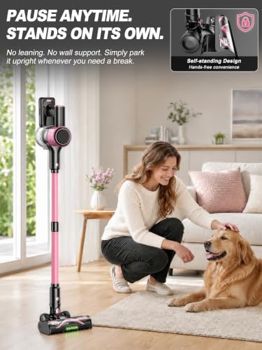 Pink Cordless Vacuum Cleaner, 50KPa Lightweight Stick Vacuum for Home Use