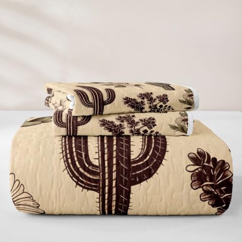 Feelyou King Size Quilt Set with Cactus & Cow Skull Pattern, Sepia Butter Cream