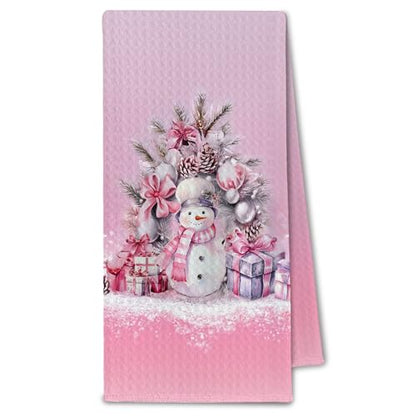 Pink Preppy Coquette Bow Christmas Snowman Kitchen Towels - Holiday Dish Hand Towels 16x24