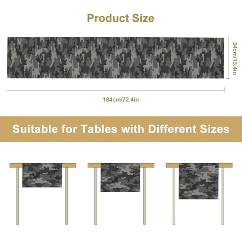 Grey Black Camouflage Table Runner 13x72in Linen Decor for Indoor Outdoor Dining