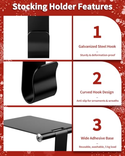 Christmas Stocking Holders for Mantle - Black 4 Pack, No-Damage Adhesive Hooks