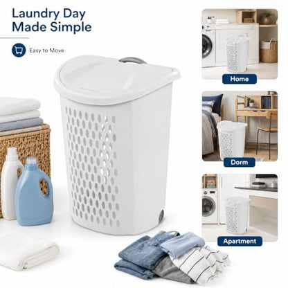 Rolling Laundry Hamper with Lid - White Plastic Wheeled Laundry Basket - Variation 1