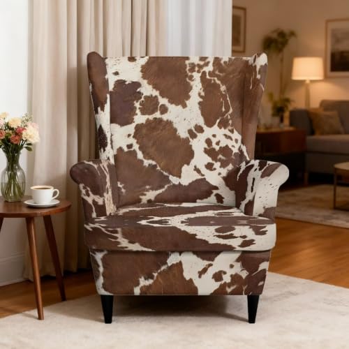 Stretch Wing Chair Slipcover Brown Cow Print 2 Piece Protect & Decor