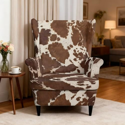 Stretch Wing Chair Slipcover Brown Cow Print 2 Piece Protect & Decor