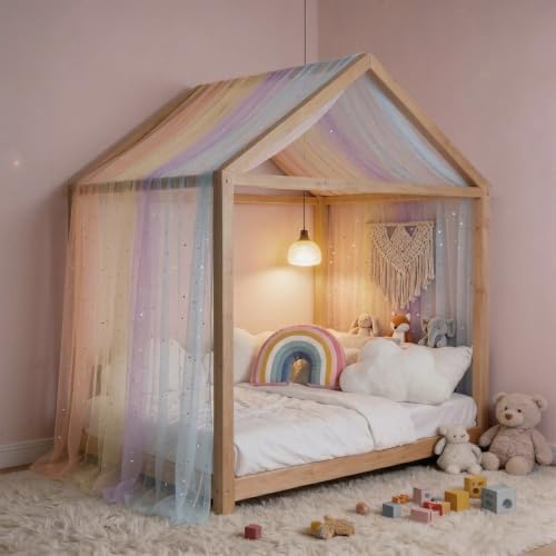 Pastel Rainbow Sheer Canopy Bed Curtains for Girls Twin & House Bed - Glitter Variation