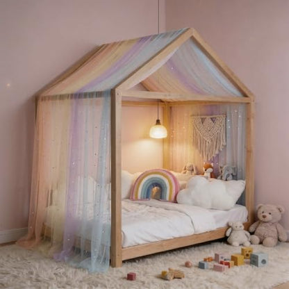Pastel Rainbow Sheer Canopy Bed Curtains for Girls Twin & House Bed - Glitter Variation
