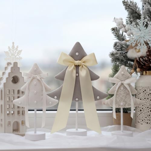 Off-White Mini Christmas Tree Set - 3 Sizes, Decorated with Bows & Pearls
