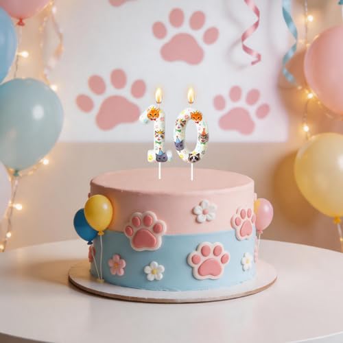 Party Cat Number Candle - Pet Themed Birthday Cake Topper - 6 - Paw Print Decoration for Cat Lovers
