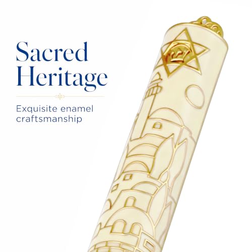 Enamel Mezuzah with Scroll - Gold Embossed Jerusalem Design, 2 Pack