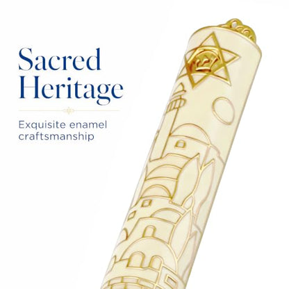 Enamel Mezuzah with Scroll - Gold Embossed Jerusalem Design, 2 Pack