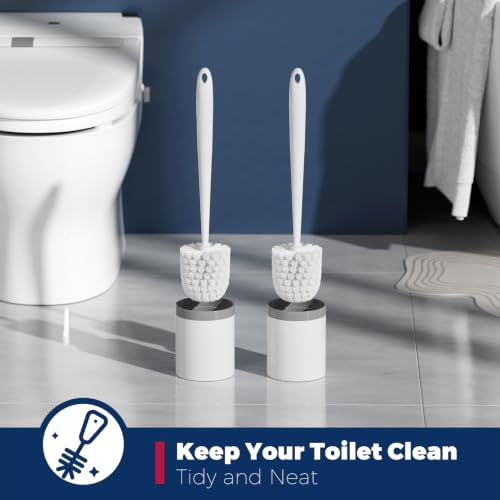 Toilet Brush and Holder Set - Compact, White, 2 Pack for Bathroom