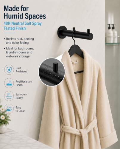 Heavy Duty Wall Hooks Double Black Matte 2 Pack for Bathroom Kitchen Entryway