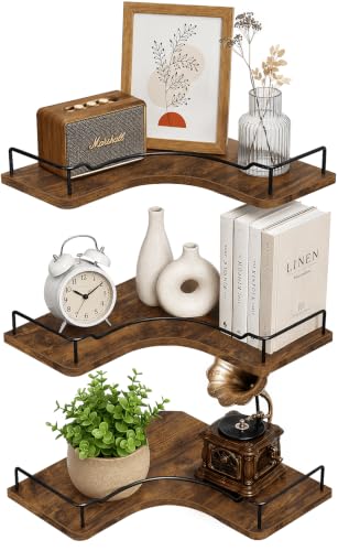 L-Shaped Corner Floating Wall Shelves Set of 3 Rustic Brown Wall Mounts with Guardrails