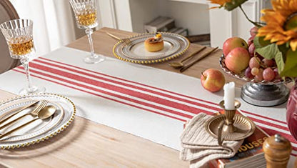 Christmas Table Runner 13x90 Inch with Tassels - Red Beige Stripe Boho Holiday Decor