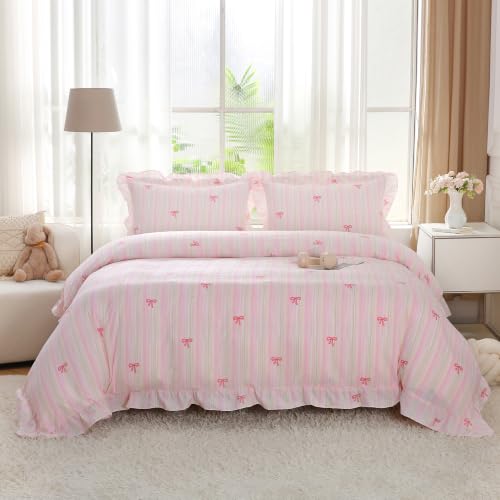 Pink Striped Bow Queen Duvet Cover Set with Ruffles - Romantic Bedding