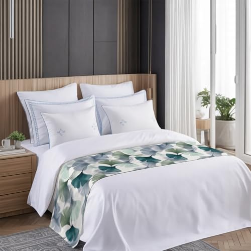 King Size Bed Runner with Ginkgo Leaves - Green Grey Decorative Throw for Bed, 94 x 20 Inches, Teal/Sage/Slate Blue Mint Variation