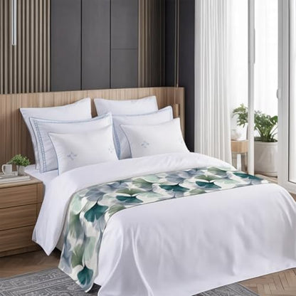 King Size Bed Runner with Ginkgo Leaves - Green Grey Decorative Throw for Bed, 94 x 20 Inches, Teal/Sage/Slate Blue Mint Variation