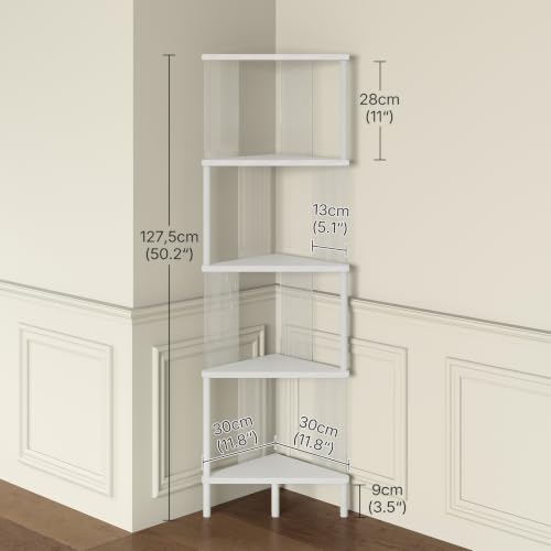 5-Tier Corner Shelf - White Corner Bookshelf for Small Spaces