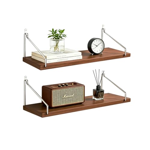 Walnut Floating Wall Shelves Set of 2 - 23.6 Inch Wall Mounted Storage